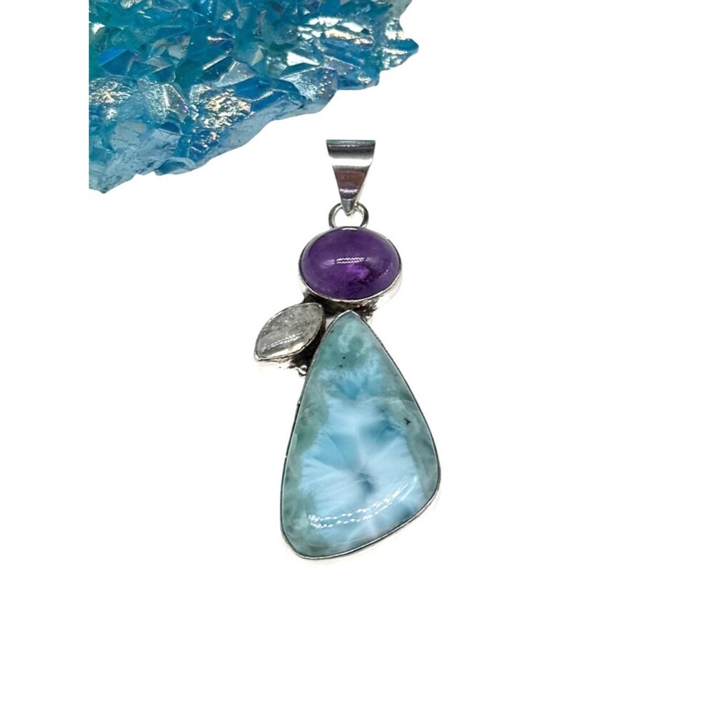 Larimar Amethyst Rainbow Moonstone Necklace Pendant Solid 925 Sterling Silver